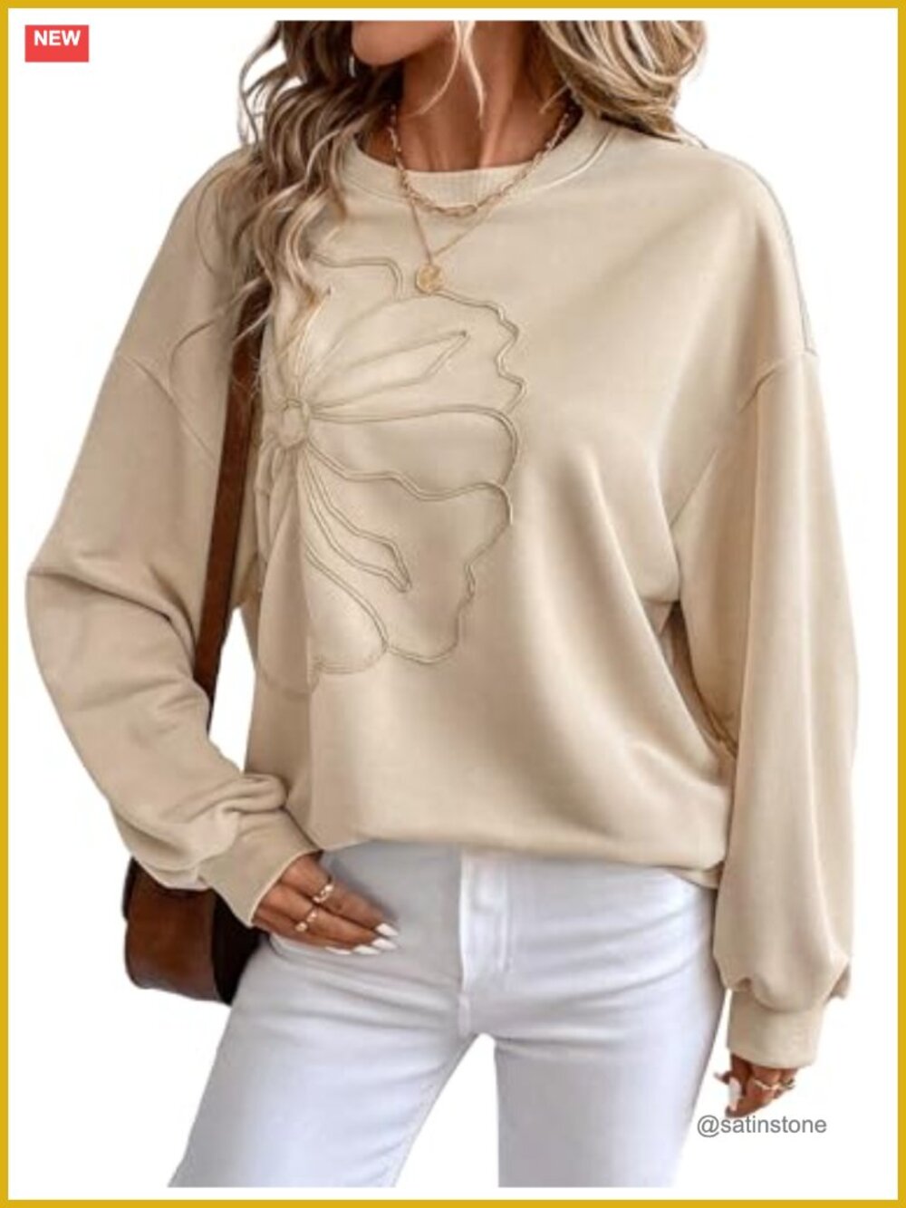 Oversized Crewneck Sweatshirt 3D Floral Textured Long Sleeve Pullover
